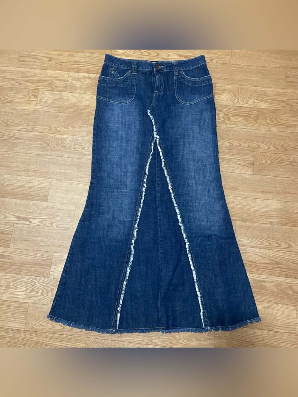 Karma Dark Blue Flared Denim Skirt with Raw-Edge Center Seam
